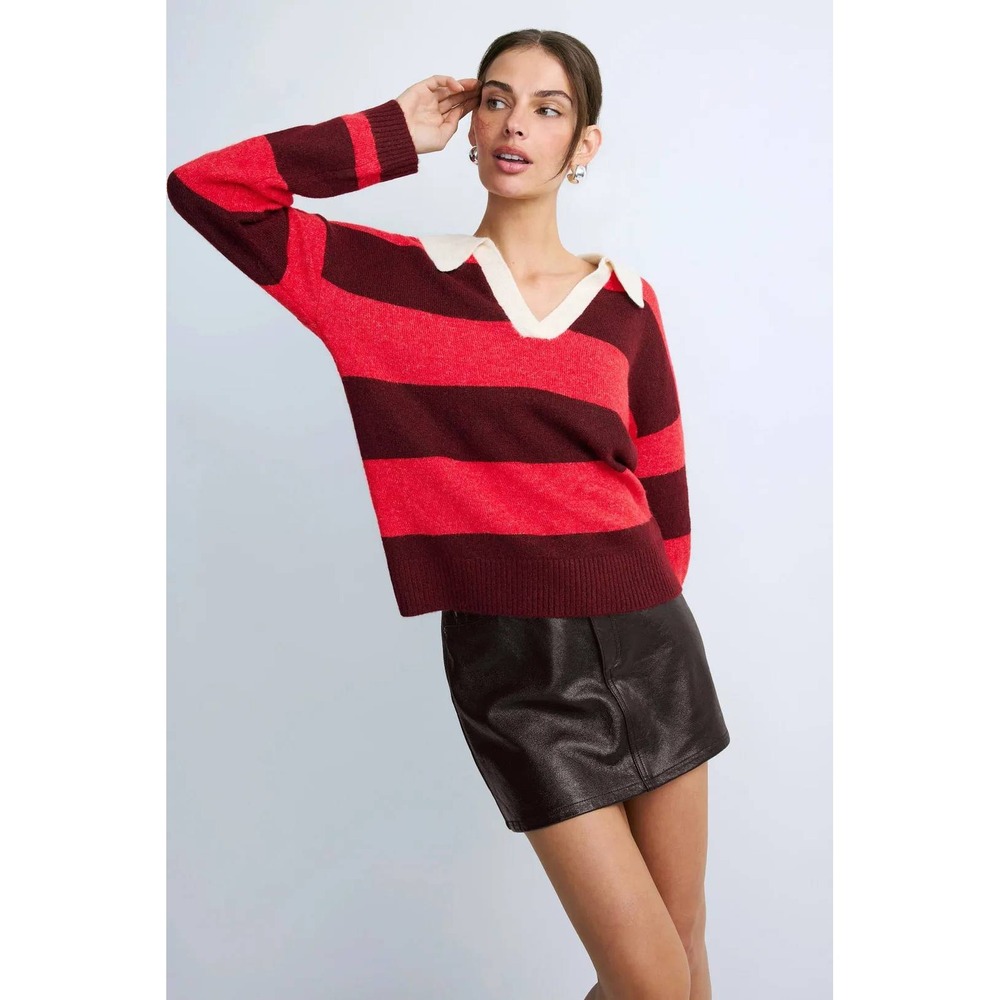 Central Park West Marley Striped Rugby Sweater Burgundy Red V-Neck Womens XS